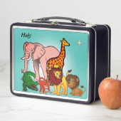 可愛いジャングル動物と光の星のティール（緑がかった色）ブルー メタルランチボックス (インサイチュ)