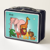 可愛いジャングル動物と光の星のティール（緑がかった色）ブルー メタルランチボックス (正面)