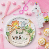 可愛いジャングル動物の緑1歳の誕生日ワイルドワン ペーパープレート (パーティー)
