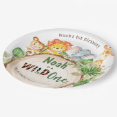 可愛いジャングル動物の緑1歳の誕生日ワイルドワン ペーパープレート (アングル)