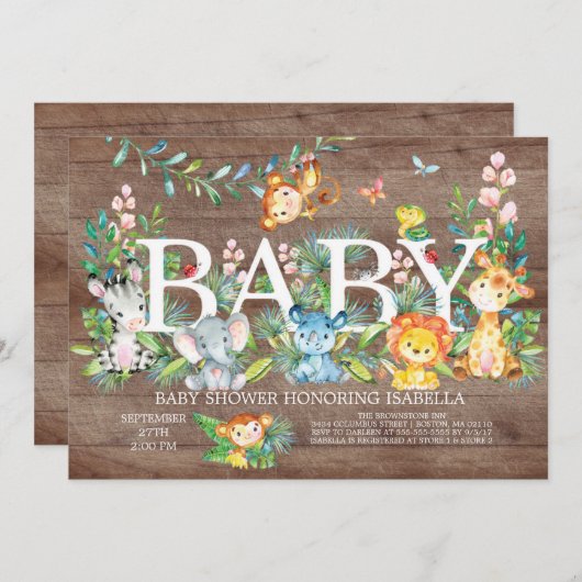 可愛いジャングル動物ガールボーイ赤ちゃんシャワー招待状 招待状 (正面/裏面)