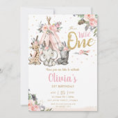 可愛いジャングル動物トライバルワイルドワン誕生日 招待状 (正面)