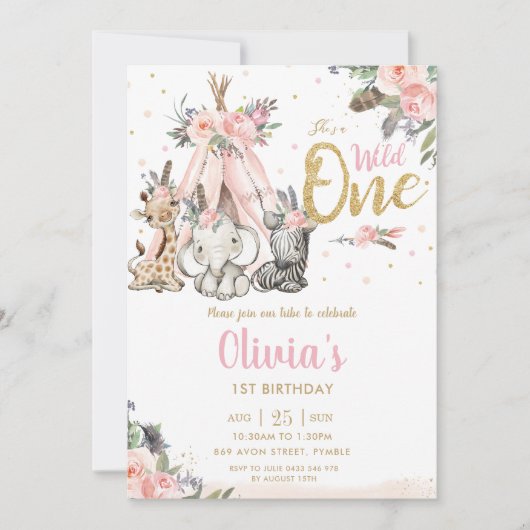 可愛いジャングル動物トライバルワイルドワン誕生日 招待状 (正面)