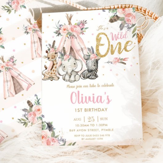 可愛いジャングル動物トライバルワイルドワン誕生日 招待状