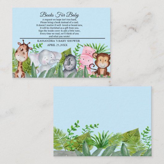 可愛いジャングル動物ブルーベビーシャワーベビー エンクロージャーカード (正面/裏面)