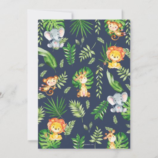 可愛いジャングル動物ベビージャーシャワー緑のサファリ 招待状 (裏面)