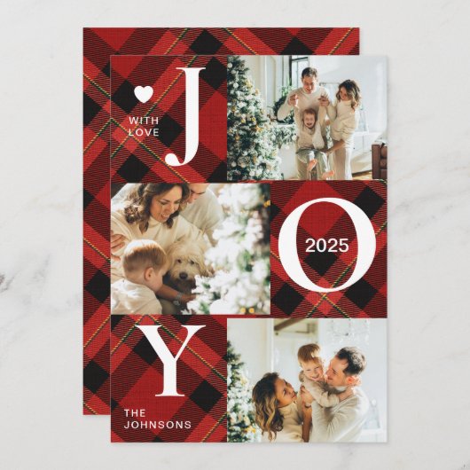 可愛いジョイ赤いタータンチェック格子写真コラージュのクリスマス シーズンカード (正面/裏面)