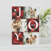 可愛いジョイ赤いタータンチェック格子写真コラージュのクリスマス シーズンカード (スタンド正面)
