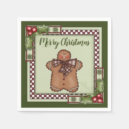 可愛いジンジャーブレッドマンとホリーメリークリスマス スタンダードカクテルナプキン (正面)