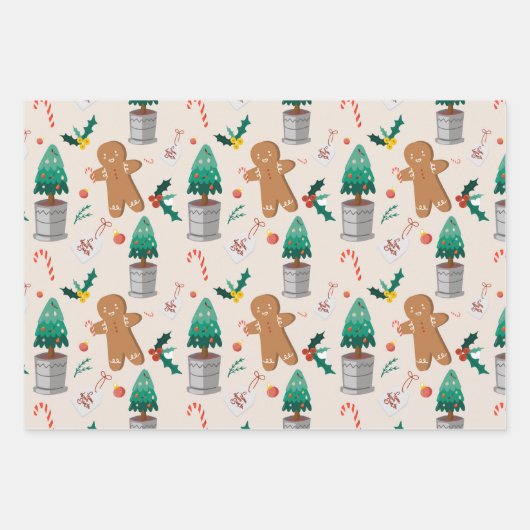 可愛いジンジャーブレッドマンキャンディーケーンクリスマス ラッピングペーパーシート (正面2)