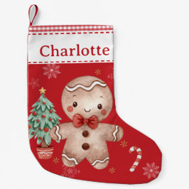 可愛いジンジャーブレッドマンツリーキャンディケインレッドギンガム スモールクリスマスストッキング
