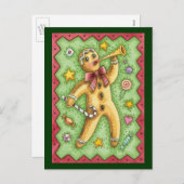 可愛いジンジャーブレッドマン吹ズホーン、クリスマスキャンディ シーズンポストカード (正面/裏面)