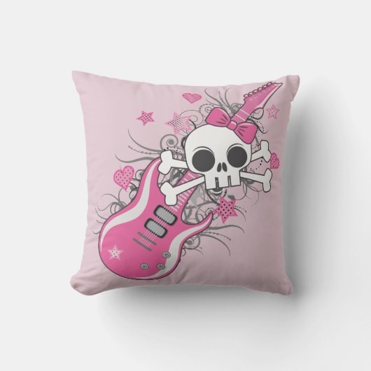 可愛いスカルとピンクギター クッション (正面)