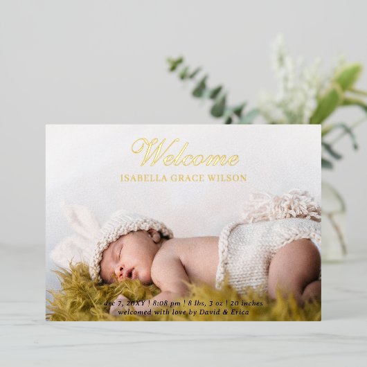 可愛いスクリプト写真ベビー発表箔カード 箔招待状 (立ち正面)