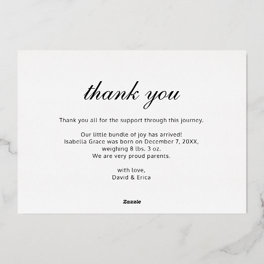 可愛いスクリプト写真ベビー発表箔カード 箔招待状 (裏面)