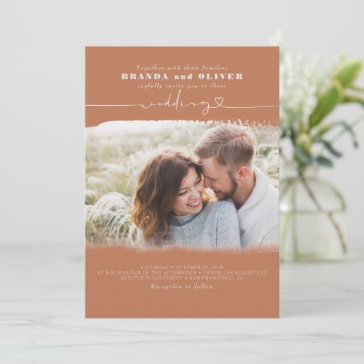 可愛いスクリプトTerracottaフォトオーバーレイ結婚ズ 招待状 (スタンド正面)