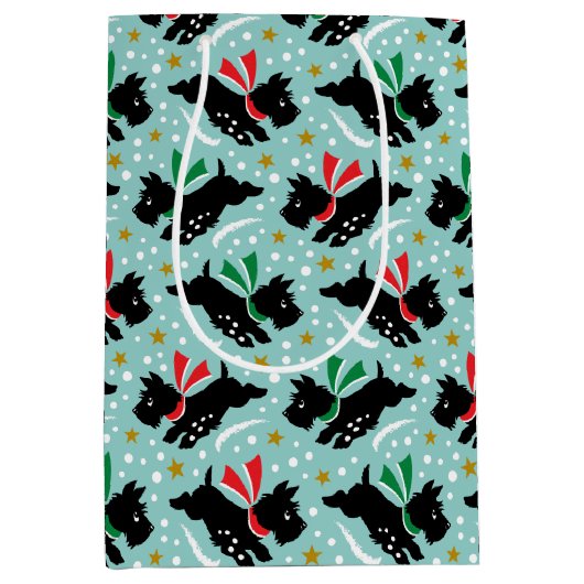 可愛いスコットランド犬おもしろい雪レトロパターンミント ミディアムペーパーバッグ (正面)