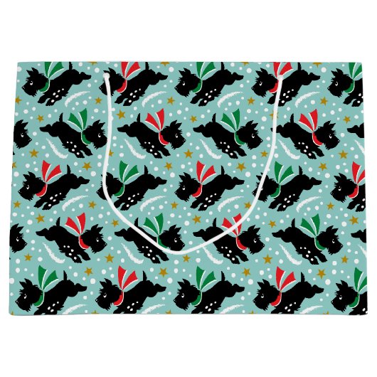 可愛いスコットランド犬おもしろい雪レトロパターンミント ラージペーパーバッグ (正面)