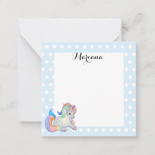 可愛いスタイリッシュカラフルユニコーン青いドット ノートカード (正面)