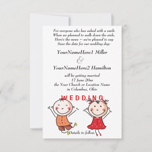 可愛いスティックのフィギュア日付を保存 招待状 (裏面)