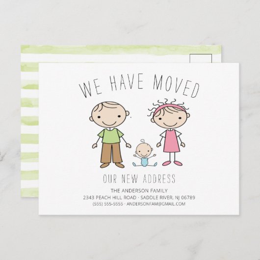 可愛いスティックフィギュア家族の引越し告知 案内ポストカード (正面/裏面)