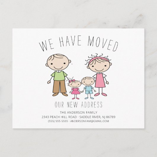 可愛いスティックフィギュア家族の引越し告知 案内ポストカード (正面)