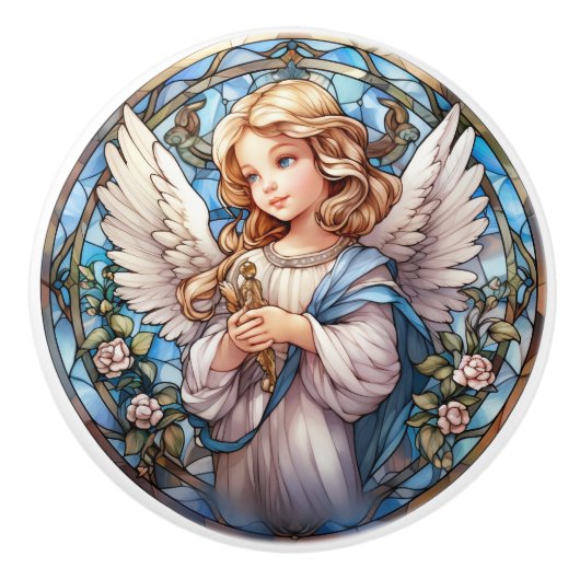 可愛いステンフェイクドグラス天使の宗教 セラミックノブ (正面)