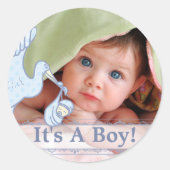 可愛いストーク男の赤ちゃんステッカーあなたのベビー写真 ラウンドシール (正面)