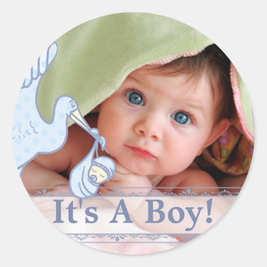 可愛いストーク男の赤ちゃんステッカーあなたのベビー写真 ラウンドシール (正面)