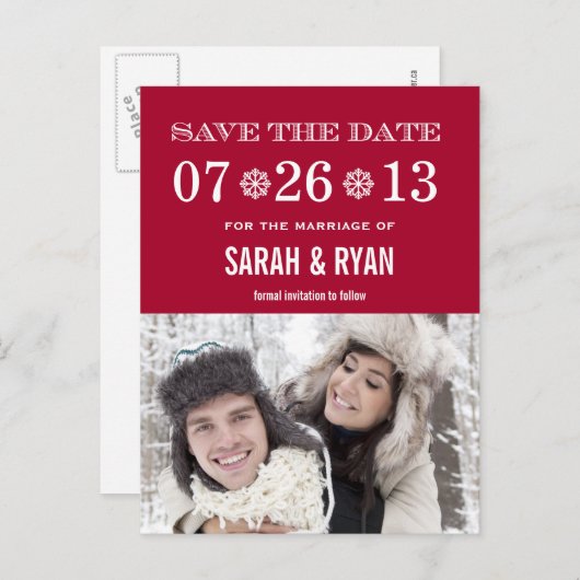 可愛いスノーフレーク赤い日付を保存フォトポストカード 案内ポストカード (正面/裏面)