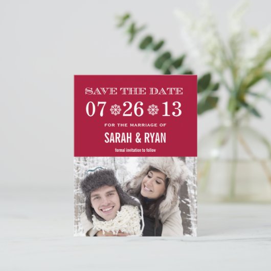 可愛いスノーフレーク赤い日付を保存フォトポストカード 案内ポストカード (スタンド正面)