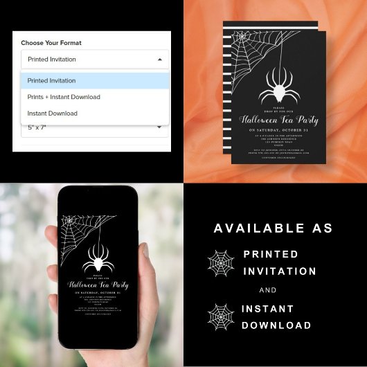 可愛いスパイダーブラック&ホワイトハロウィンティーパーティー 招待状