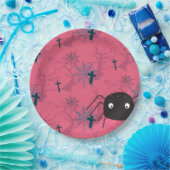 可愛いスパイダー&ラズベリーピンクのスパイダーウェブパターン(の模様が)ある ペーパープレート (パーティー)