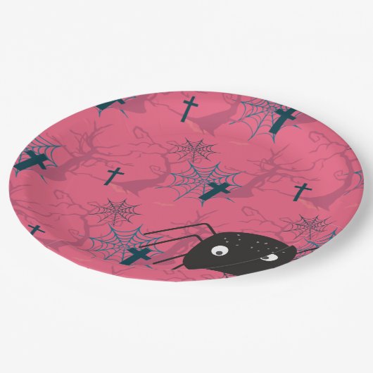 可愛いスパイダー&ラズベリーピンクのスパイダーウェブパターン（の模様が）ある ペーパープレート (アングル)