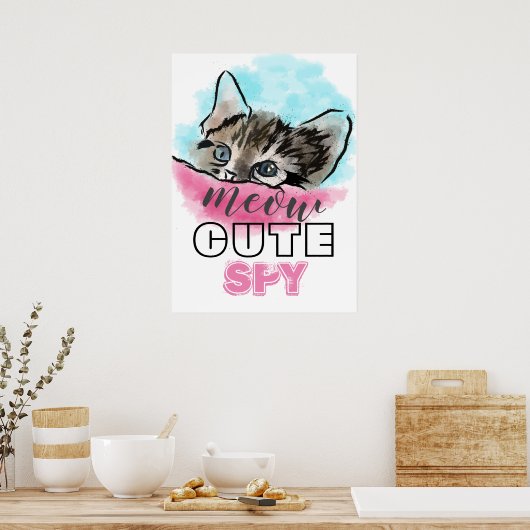 可愛いスパイ |可愛おもしろいい子猫ピンクブルー ポスター (キッチン)