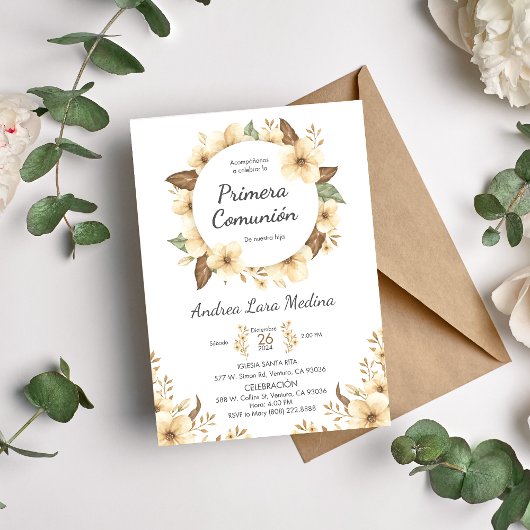 可愛いスペインの黄色い花第1聖餐式 招待状