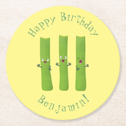 可愛いセロリにトリオ漫画の野菜を付ける ラウンドペーパーコースター (正面)