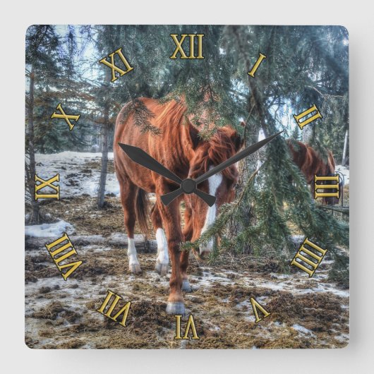可愛いソレルマーレと枝の馬の恋人ギフト スクエア壁時計 (正面)