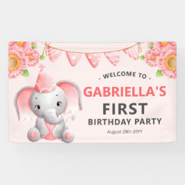 可愛いゾウの女の子1歳の誕生日パーティーバナー 横断幕