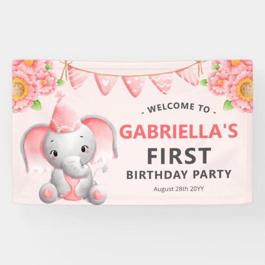 可愛いゾウの女の子1歳の誕生日パーティーバナー 横断幕 (横)