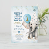 可愛いゾウ今あなたの1つの誕生日バルーンパーティー 招待状 (スタンド正面)