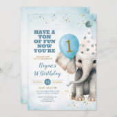 可愛いゾウ今あなたの1つの誕生日バルーンパーティー 招待状 (正面/裏面)