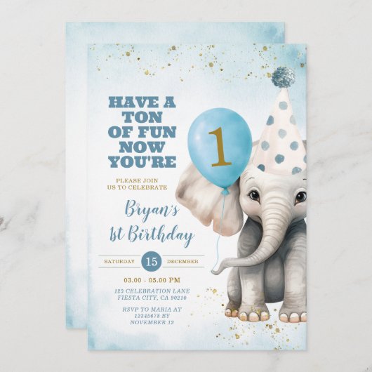 可愛いゾウ今あなたの1つの誕生日バルーンパーティー 招待状 (正面/裏面)