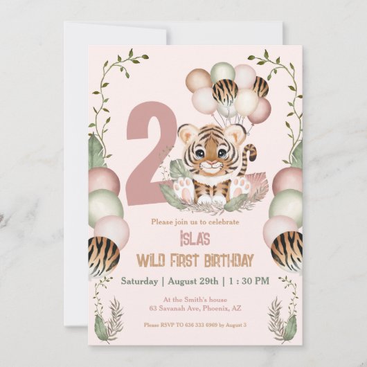 可愛いタイガーサファリピンクワイルドガール2歳の誕生日 招待状 (正面)