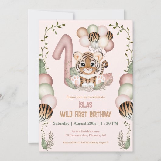 可愛いタイガーサファリピンクワイルドワンガール1st誕生日 招待状 (正面)
