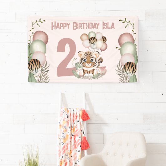 可愛いタイガーピンクガールサファリ2nd誕生日バナー 横断幕 (インサイチュ)