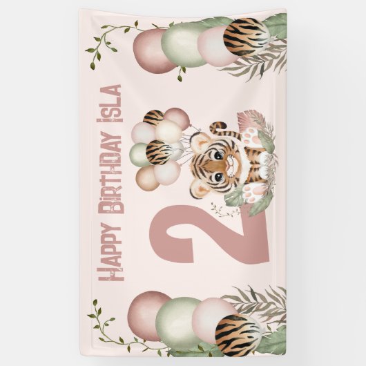 可愛いタイガーピンクガールサファリ2nd誕生日バナー 横断幕 (縦)