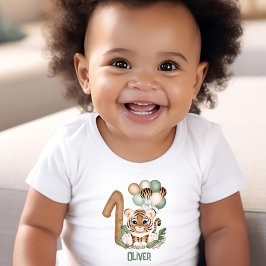 可愛いタイガーワイルドワン1歳の誕生日の男の子Tシャツ ベビーTシャツ