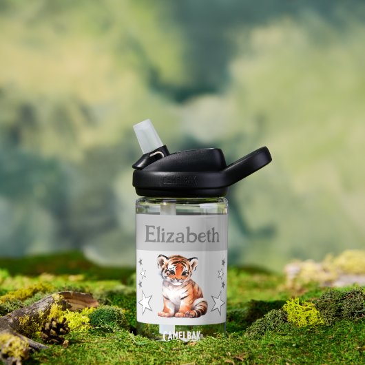 可愛いタイガー星の子供グレーで名前を追加 ウォーターボトル (アウトドア)
