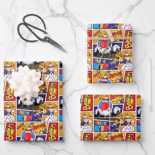 可愛いタイル張りのスーパーヒーロー ラッピングペーパーシート (正面)